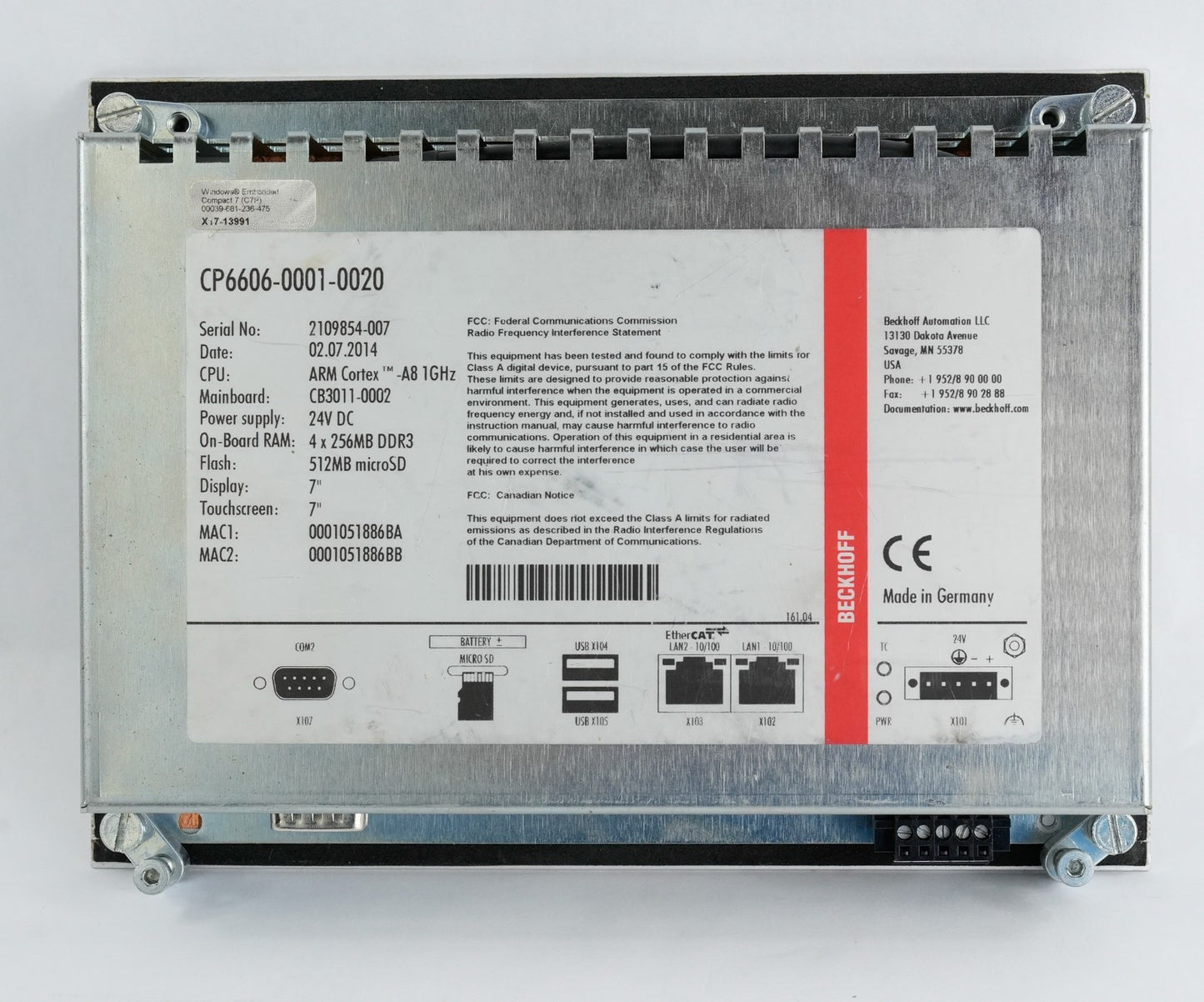 Beckhoff CP6606-0001-0020 HMI Built-In Panel PC Touch Screen 7" 2014 24VDC