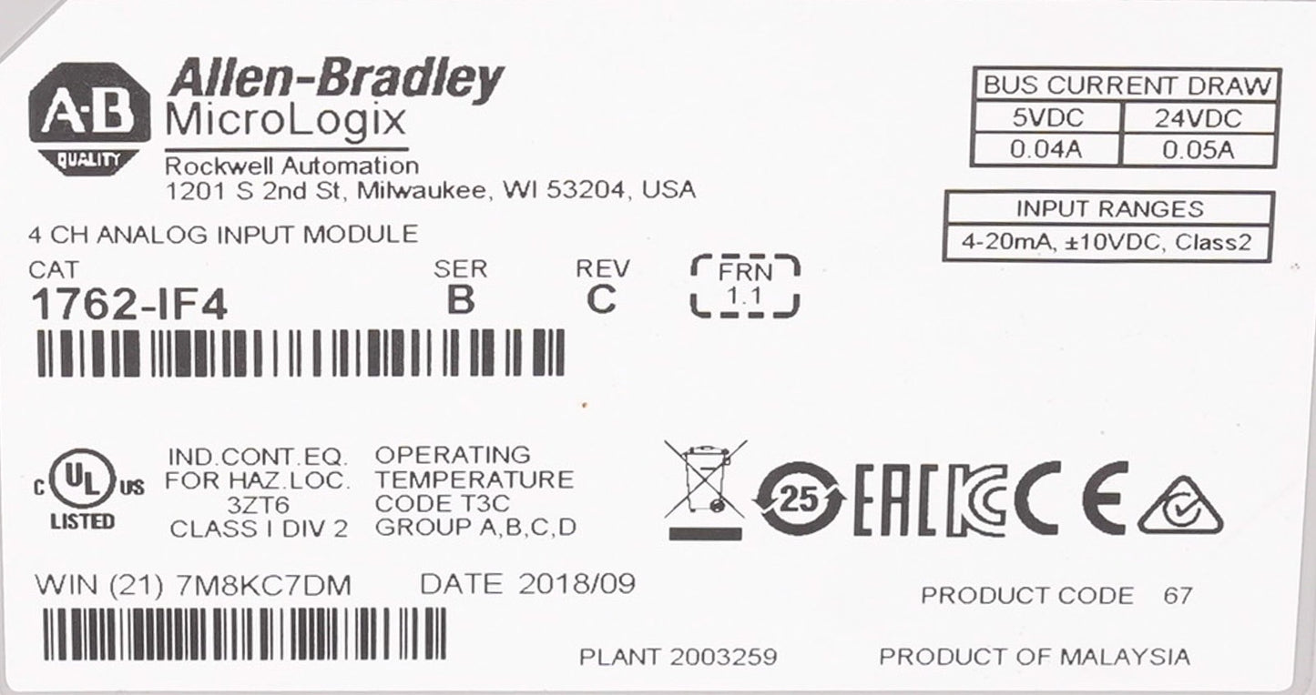 Allen Bradley 1762-IF4 /B MicroLogix 4 Channel Analog Input Module 1762IF4
