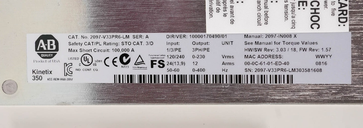 Allen Bradley 2097-V33PR6-LM Ser A Kinetix 350 Servo Drive 240V 1-Phase 2kW