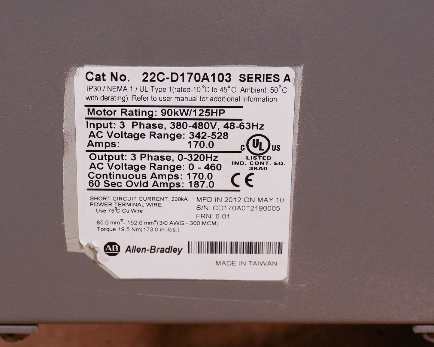 Allen Bradley 22C-D170A103 PowerFlex 400 Drive 480V 125HP 22CD170A103 + Warranty