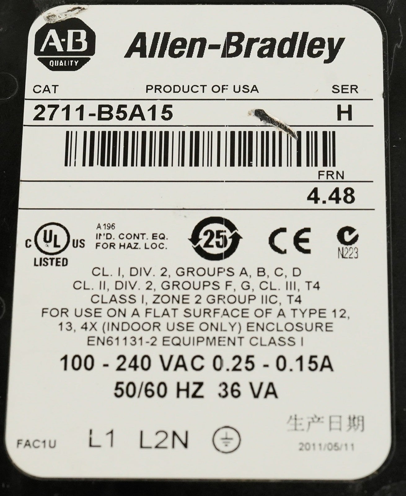 Allen Bradley 2711-B5A15 /H FRN 4.48 PanelView 550 Keypad Touch 2711B5A15