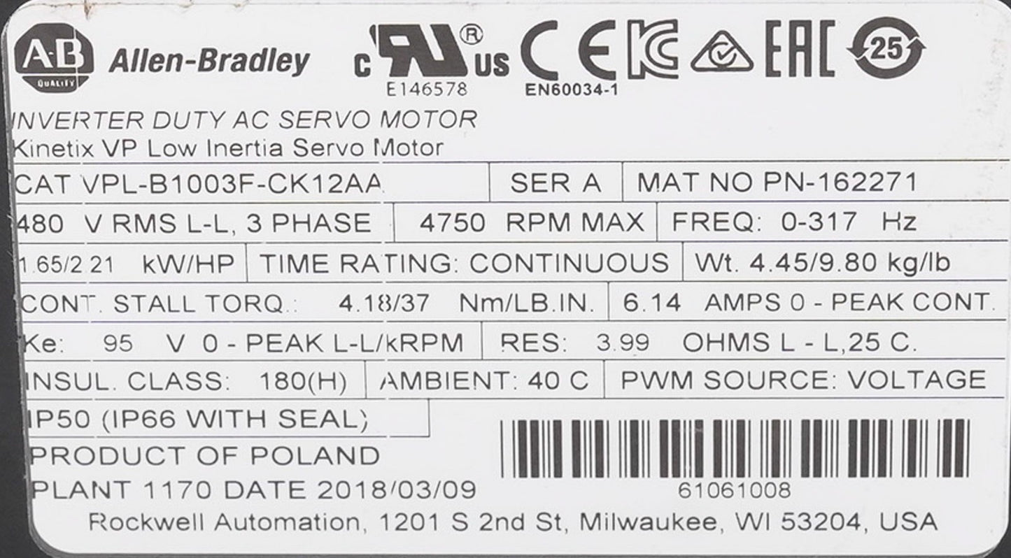 Allen Bradley VPL-B1003F-CK12AA AC Servo Motor 4750RPM 3-Phase 480V