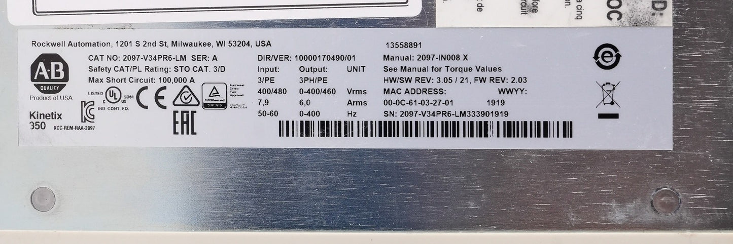 Allen Bradley 2097-V34PR6-LM /A Kinetix 350 Servo Drive + 2097-F2 Mains Filter
