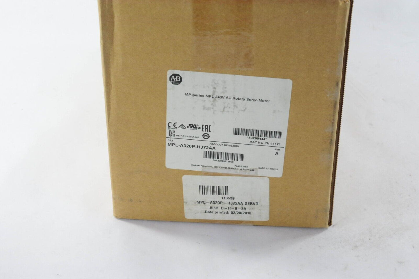 2017 Allen-Bradley MPL-A320P-HJ72AA Ser A AC Servo Motor - Sealed Surplus