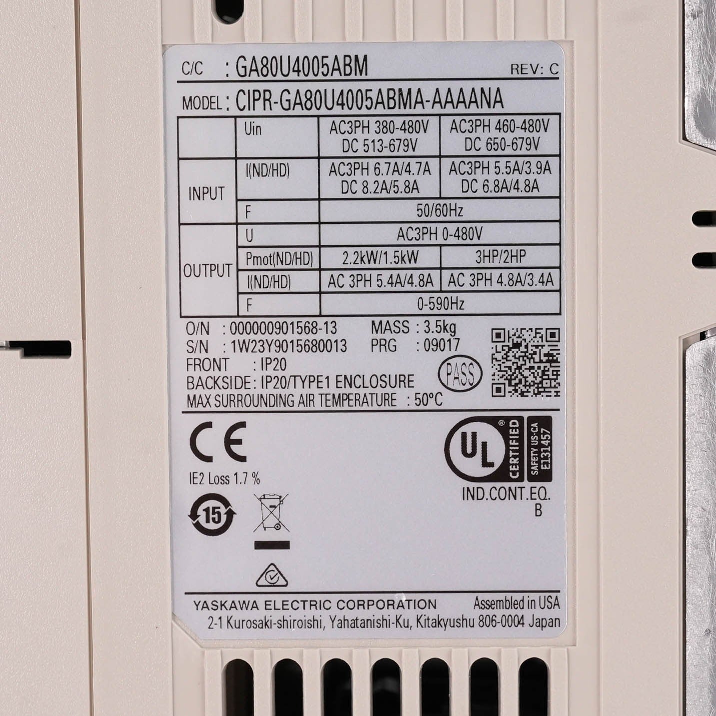 Yaskawa CIPR-GA80U4005ABMA-AAAANA GA800 AC Drive 480V 3PH 5HP 4.8A GA80U4005ABMA