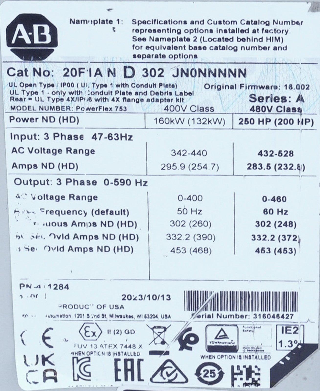 Allen Bradley 20F1AND302JN0NNNNN /A PowerFlex 753 AC Drive 480V 250HP 3-Phase