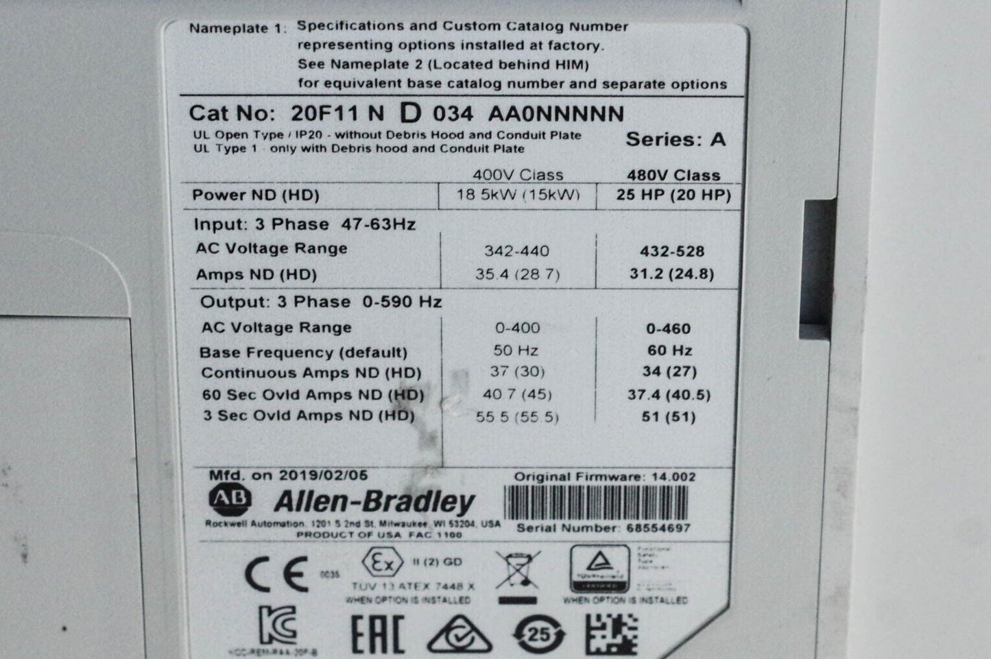 2019 Allen Bradley PowerFlex 753 Drive 20F11ND034AA0NNNNN 25HP 20F11N D 034