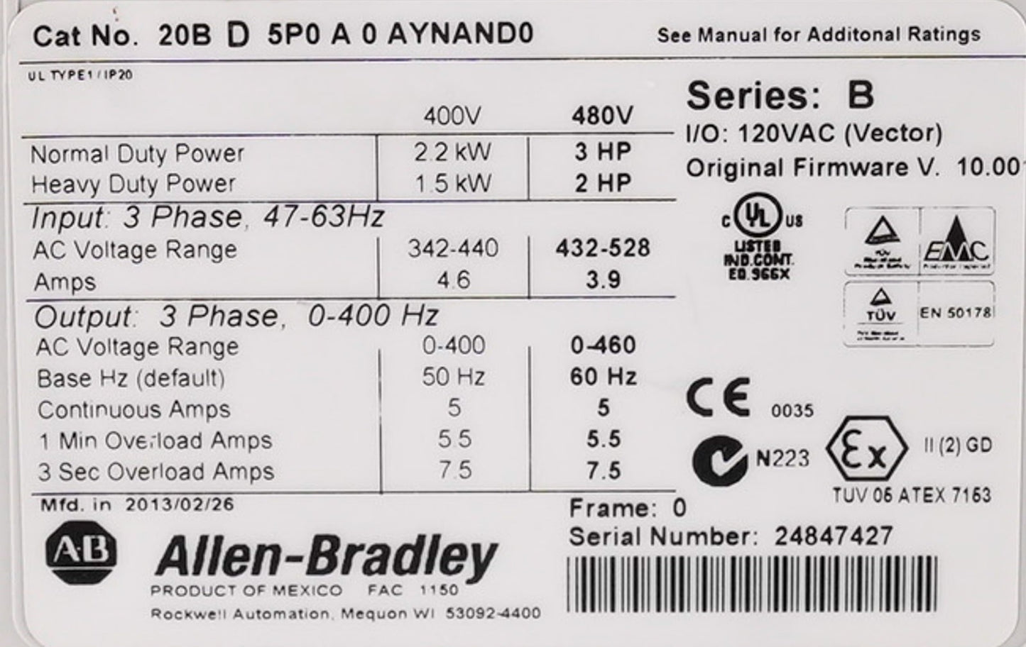 Allen Bradley 20BD5P0A0AYNAND0 /B PowerFlex 700 AC Drive 480V 5A 3HP 3-Phase