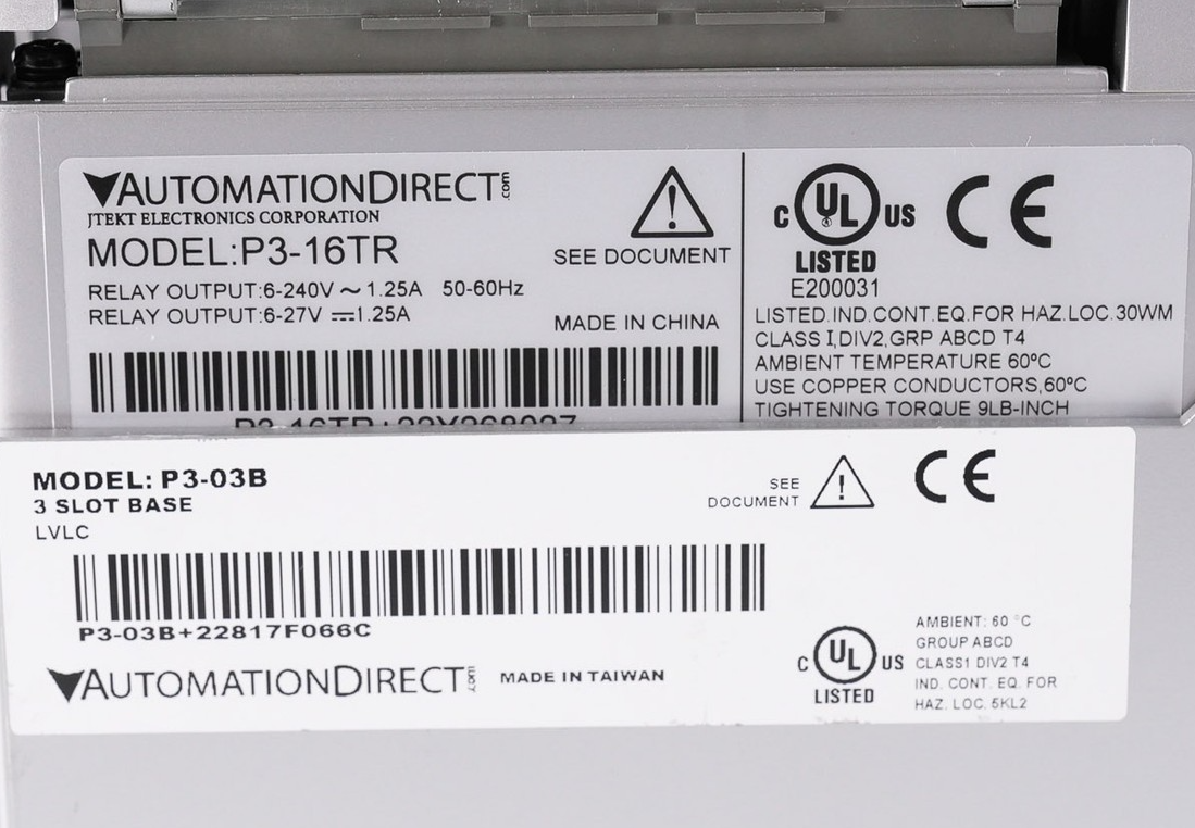 AutomationDirect P3-03B 3-Slot Base + P3-16TR PLC + P3-08DA-2 PLC + P3-550 CPU