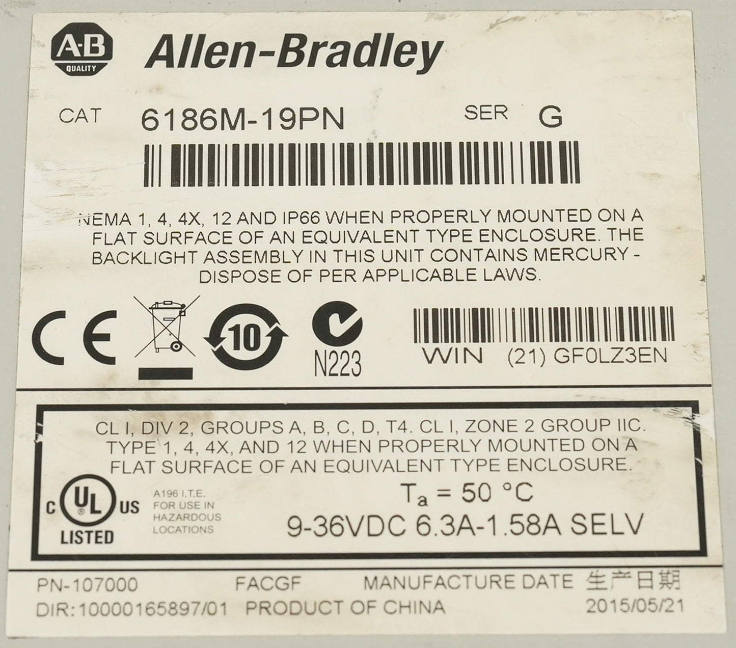 Allen Bradley 6186M-19PN 1900M /G Performance Monitor 6186M19PN