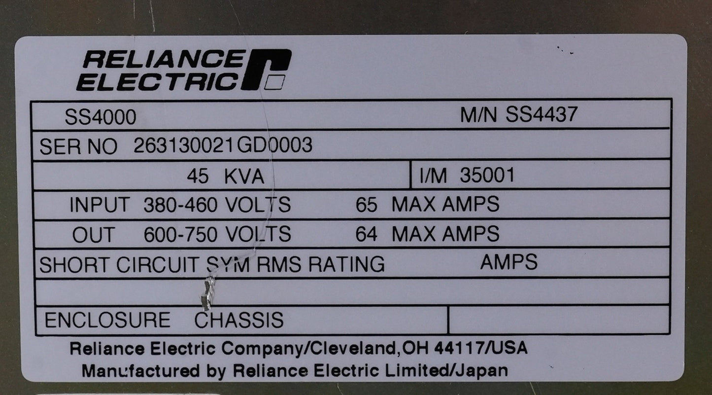 Reliance Electric SS4000 Drive 45KVA 50/60Hz 3-Ph 380-750V SS4437-US No Cover