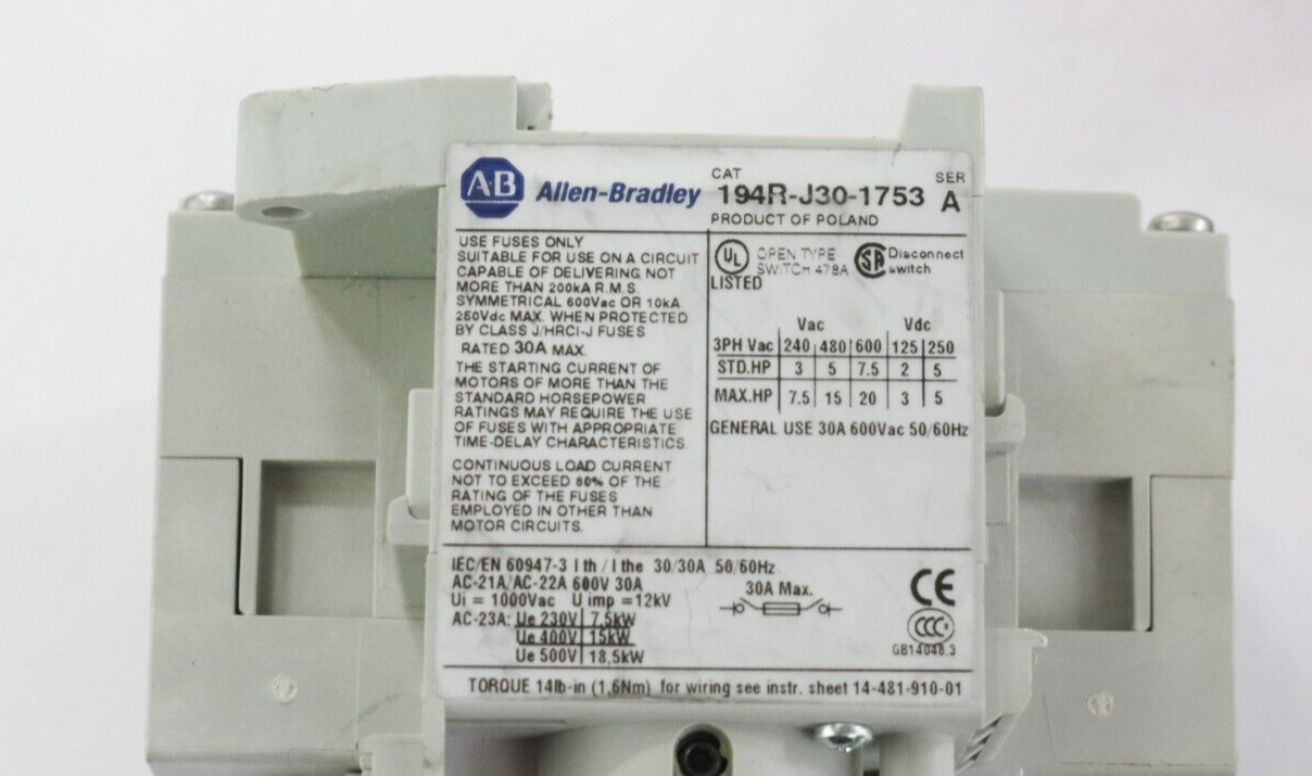 Allen Bradley 194R-J30-1753 Ser A Disconnect Switch Fused 30A 600VAC 250VDC