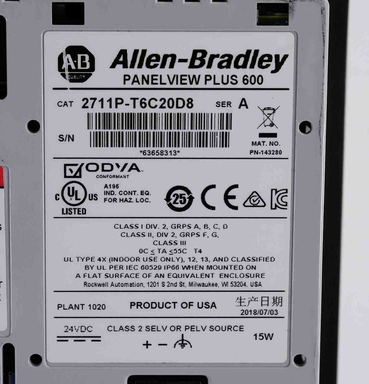 Allen Bradley 2711P-T6C20D8 /A PanelView Plus 600 Display Terminal 2711PT6C20D8
