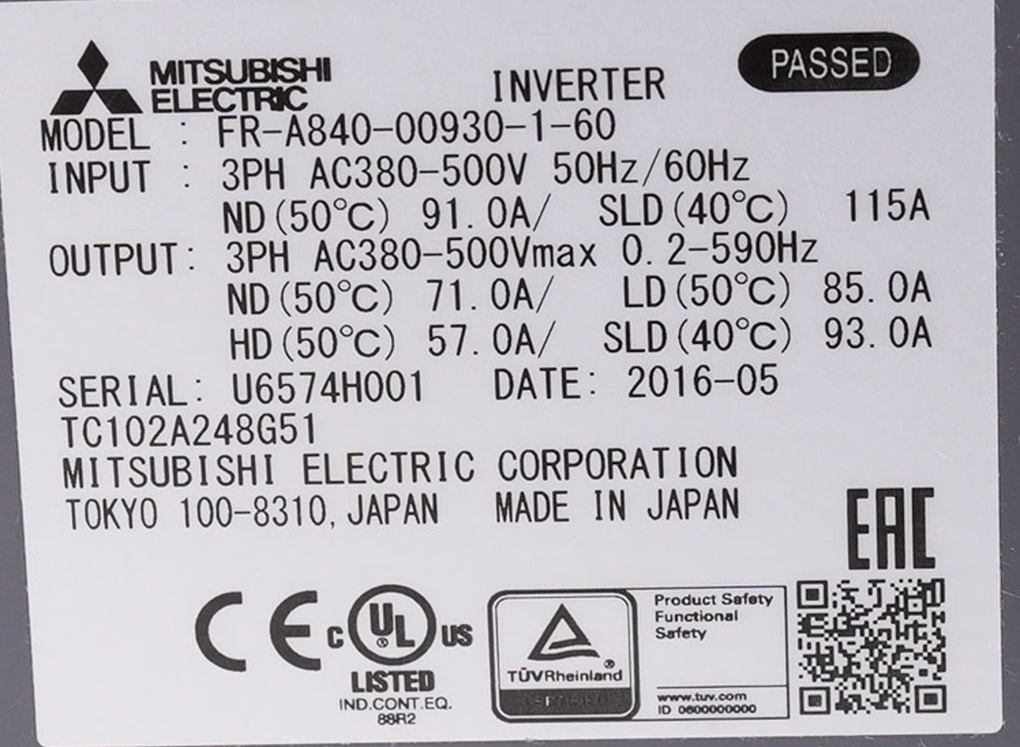 Mitsubishi Electric FR-A840-00930-1-60 VFD Inverter 3-Phase 380-500V 50/60Hz