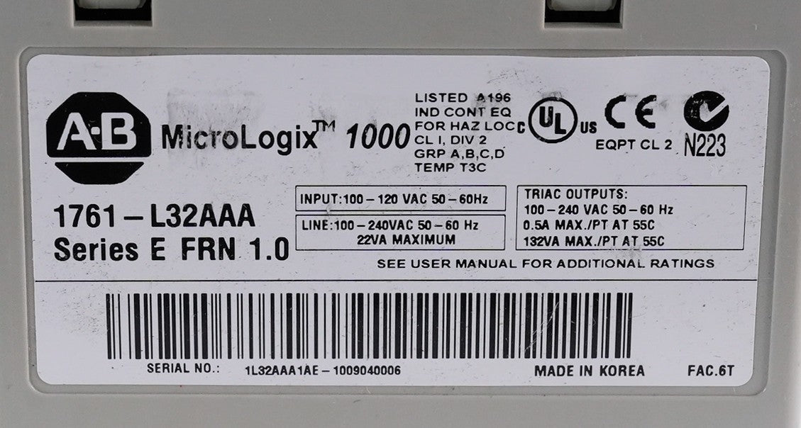 Allen Bradley 1761-L32AAA /E MicroLogix 1000 PLC 32-Pt Controller 1761L32AAA