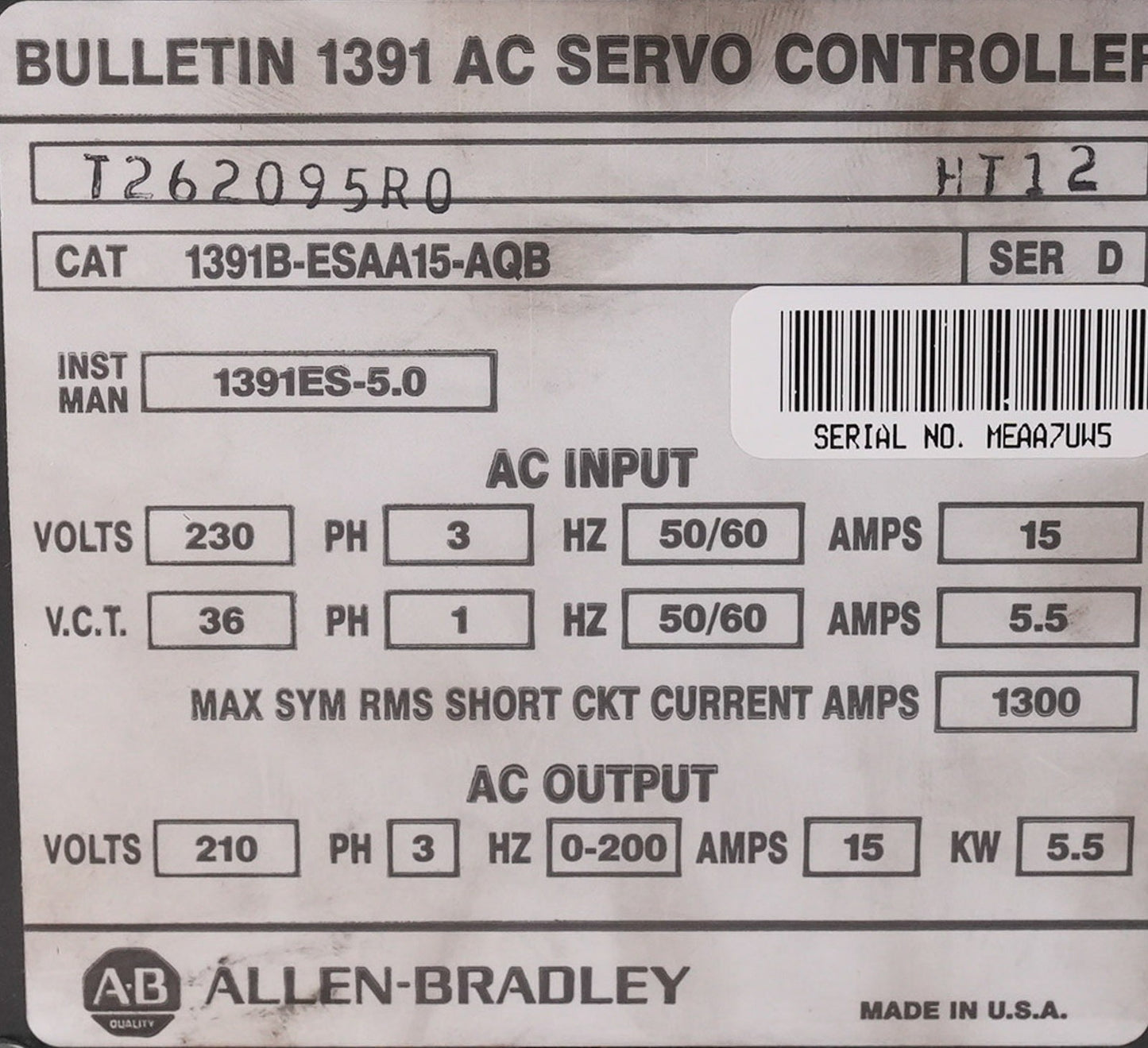 Allen Bradley 1391B-ESAA15-AQB /D AC Servo Controller 15A 210V 1391BESAA15AQB