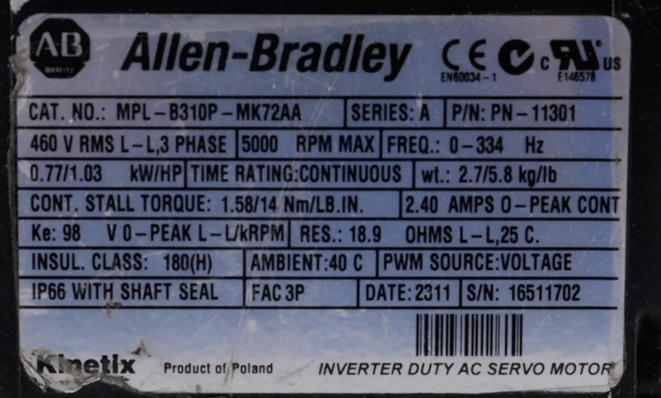 Allen Bradley MPL-B310P-MK72AA /A Brushless Kinetix Inverter Duty AC Motor
