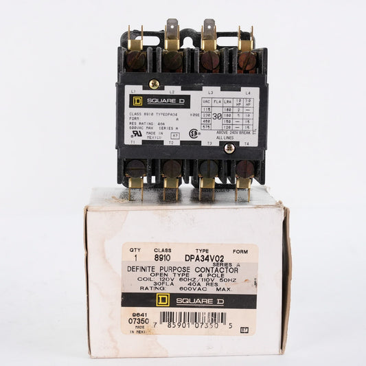 Square D 8910 DPA34V02 Definite Purpose Contactor Form A 40A 600VAC - Open Box