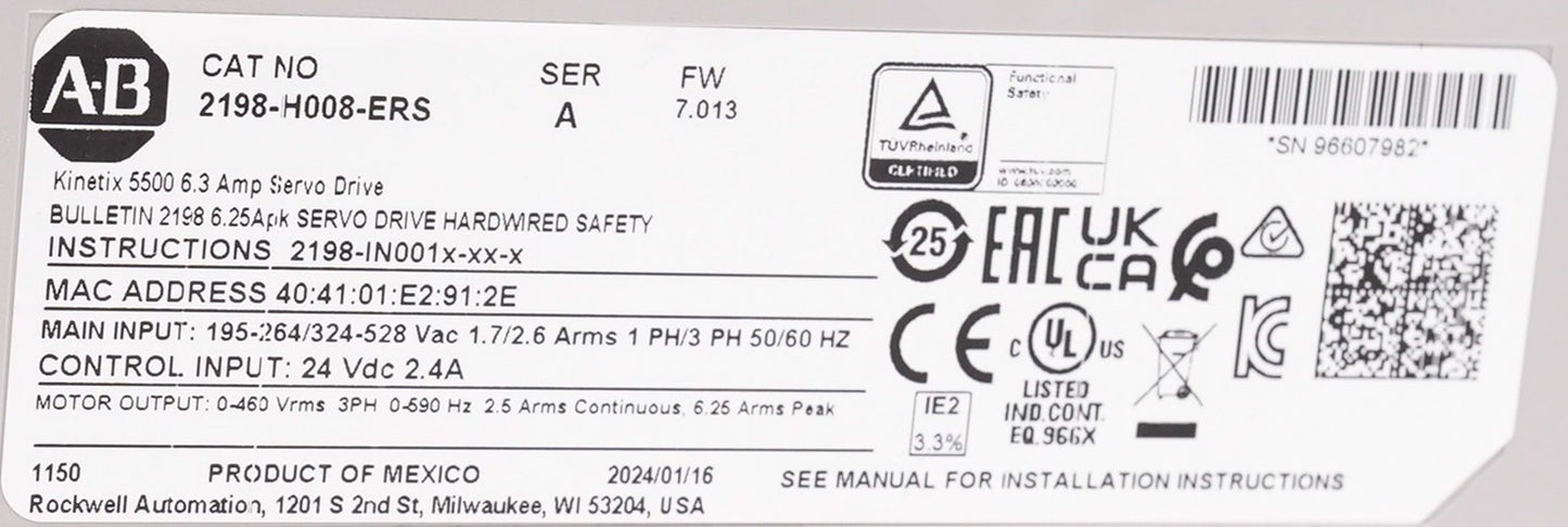 Allen Bradley 2198-H008-ERS /A Kinetix 5500 Servo Drive 2198H008ERS