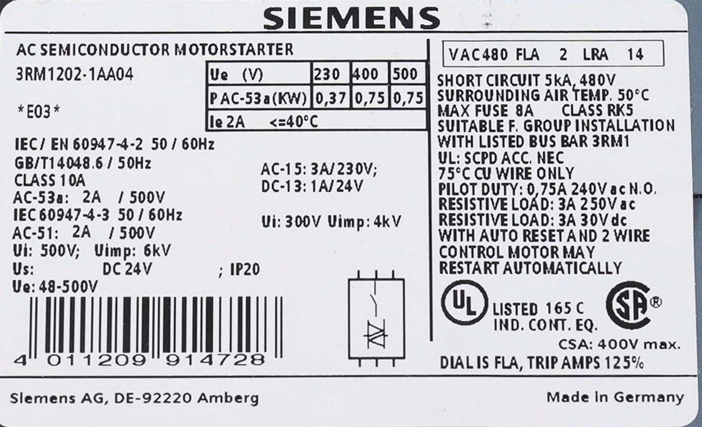Siemens 3RM1202-1AA04 AC Semiconductor Motorstarter 3RM12021AA04