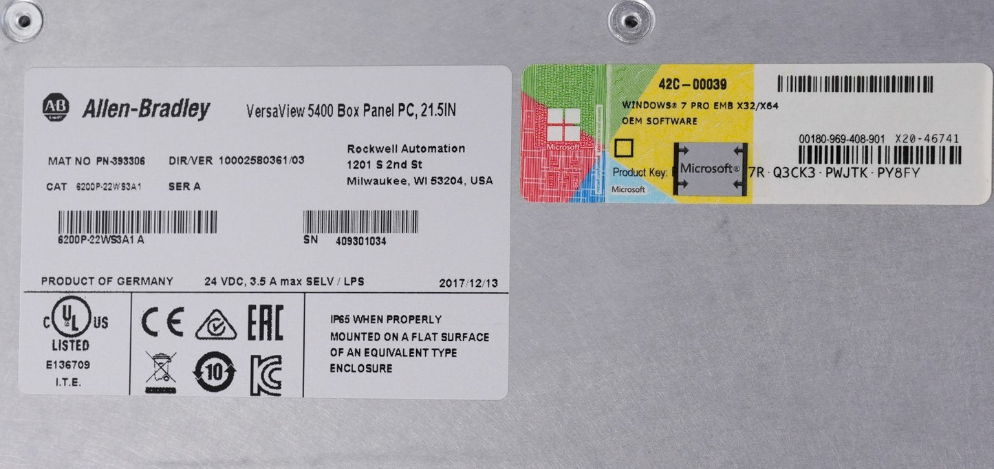 Allen Bradley 6200P-22WS3A1 /A VersaView 5400 Box Panel PC 21.5" 6200P22WS3A1