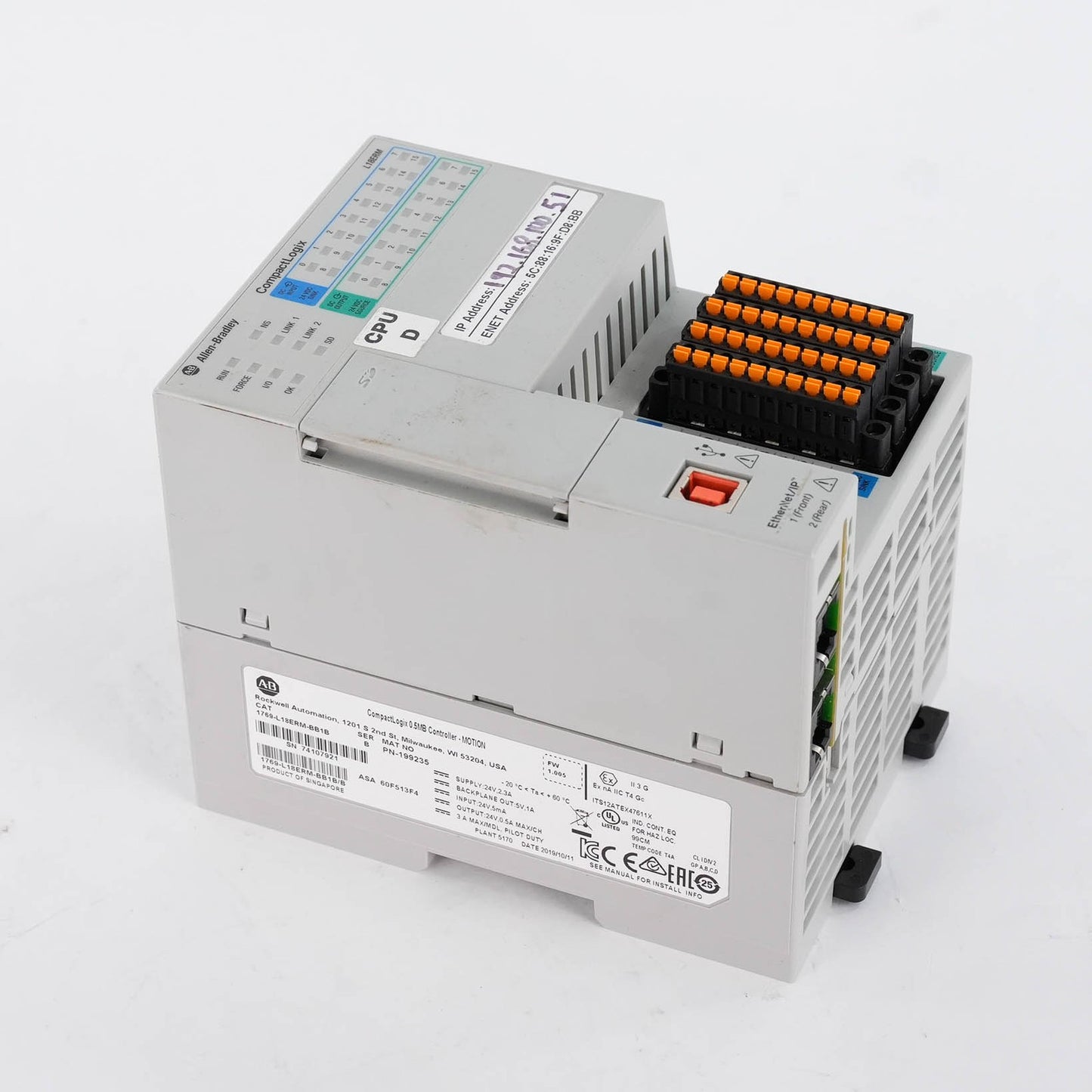 Allen Bradley 1769-L18ERM-BB1B Ser B CompactLogix 0.5MB (retake pictures)