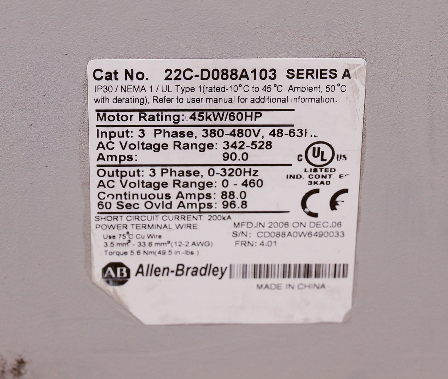 Allen Bradley 22C-D088A103 /A PowerFlex 400 AC Drive 480V 60HP + 1 Year Warranty