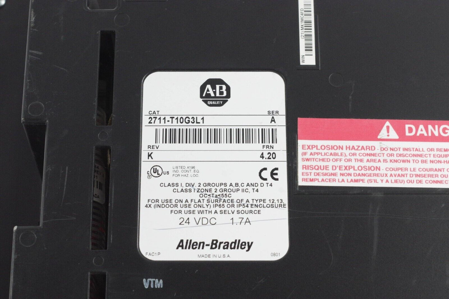 Allen Bradley 2711-T10G3L1 Ser A Rev K PanelView 1000 Grayscale Terminal