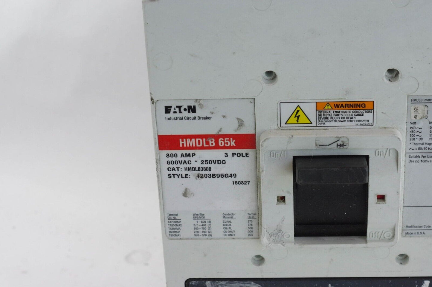 EATON HMDLB3800 3POLE 800A 600V Circuit Breaker 4203B95G49 HMDLB 65K