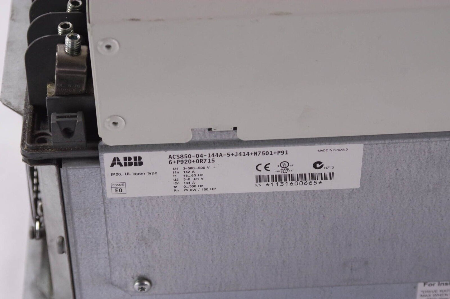 ABB ACS850-04-144A-5+J414+N7501+P916+P920+0R715 Converter -For Parts or Repair