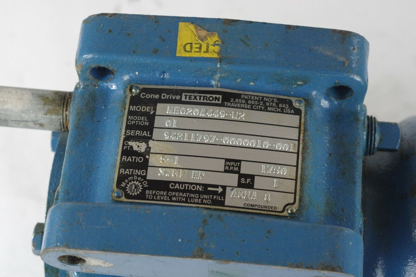 Textron Cone Drive 5:1 Right Hand Gear Reducer MH020A449-W2 1750RPM 3.81hp