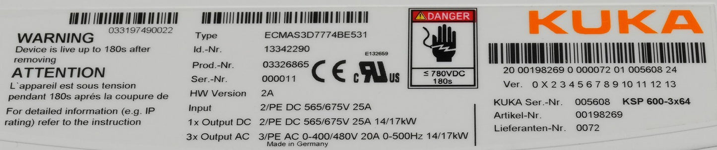 Kuka KSP 600-3x64 ECMAS3D7774BE531 Servo Drive 480V 17kW KSP6003x64 + Warranty