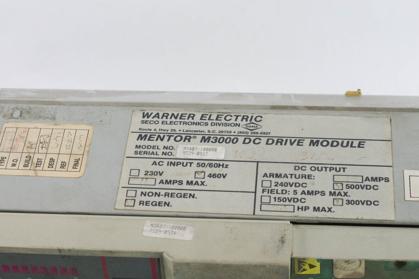 Warner Electric Seco Mentor M3000 M3407-100000 M34-6M4Q15 7.5HP DC - For Parts