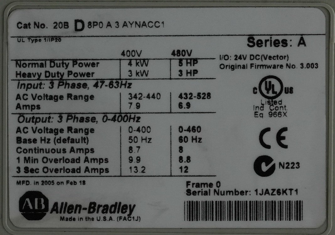 Allen Bradley 20BD8P0A3AYNACC1 /A PowerFlex700 AC Drive 480V 5hp