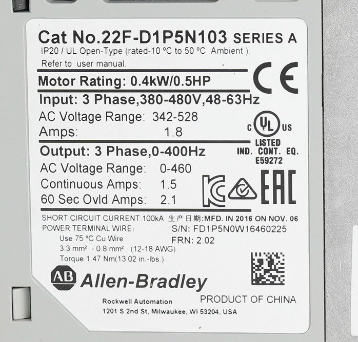 Allen Bradley 22F-D1P5N103 /A PowerFlex 4M AC Drive 0.4kW/0.5HP - Refurbished