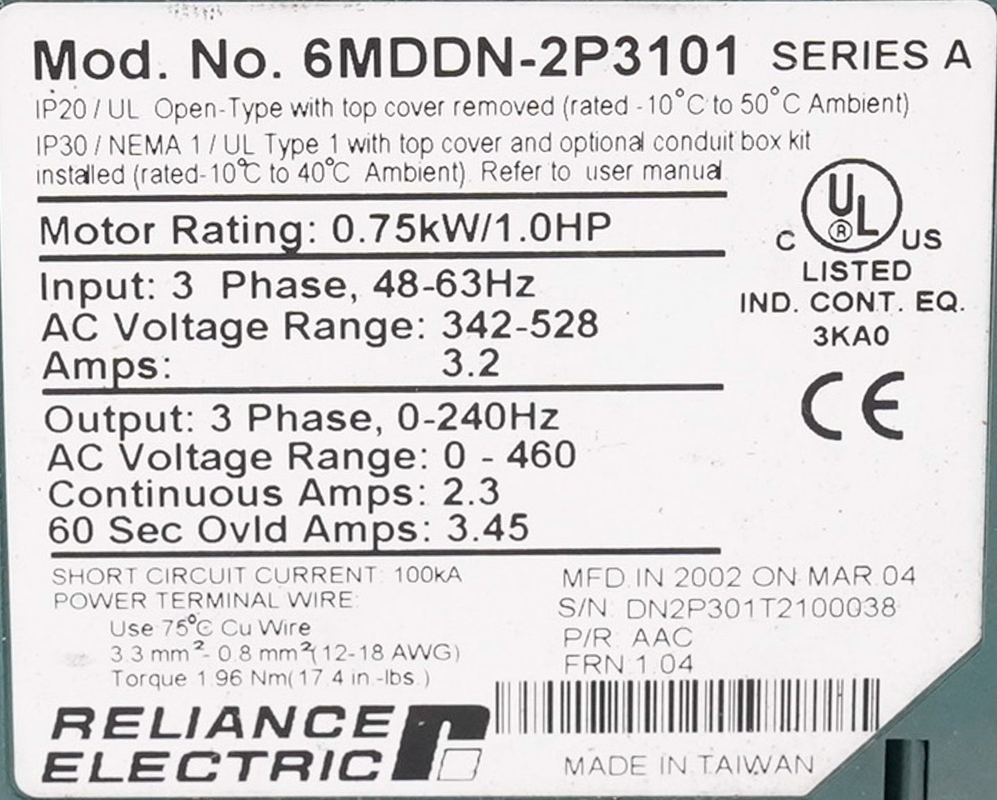 Reliance Electric 6MDDN-2P3101 Series A 1HP 0.75kW 3-Phase AC Drive 6MDDN2P3101