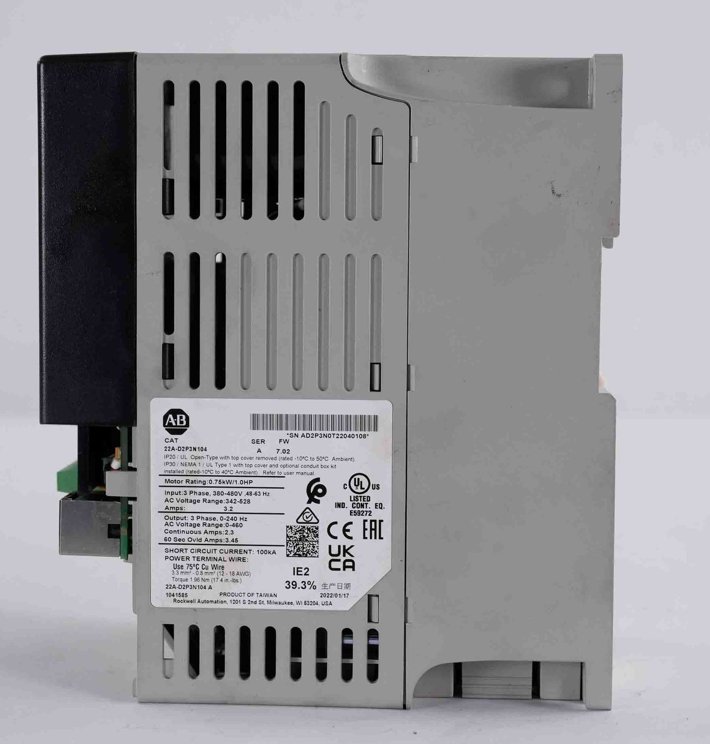 Allen Bradley 22A-D2P3N104 /A PowerFlex AC Drive 480V 3PH 0.75kW 22AD2P3N104