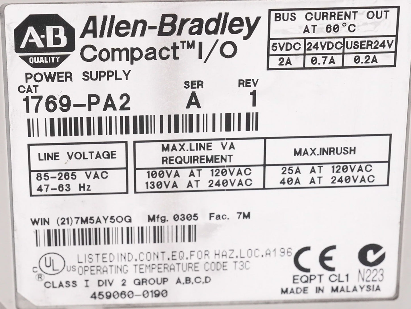 Allen Bradley 1769-PA2 /A Rev 1 CompactLogix Power Supply Module 1769PA2