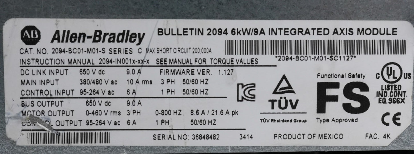 Allen Bradley 2094-BC01-M01-S /C Kinetix 6000 400/460V 9A Integrated Axis Module