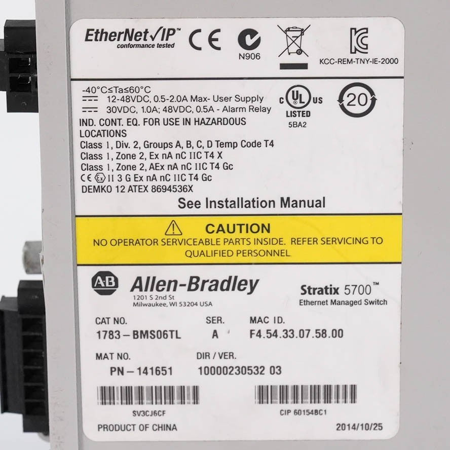 Allen Bradley 1783-BMS06TL Ser A Stratix 5700 Managed Switch 6 Port