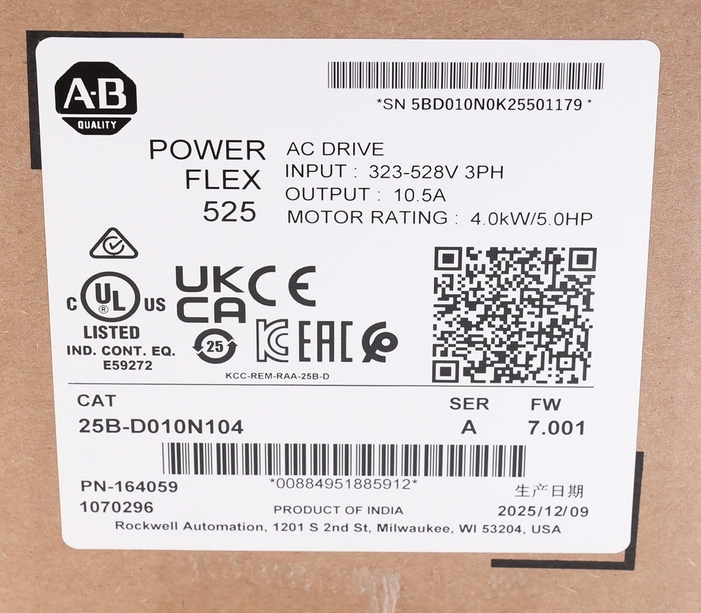 Allen Bradley 25B-D010N104 /A PowerFlex 525 AC Drive 10.5A - Sealed Surplus