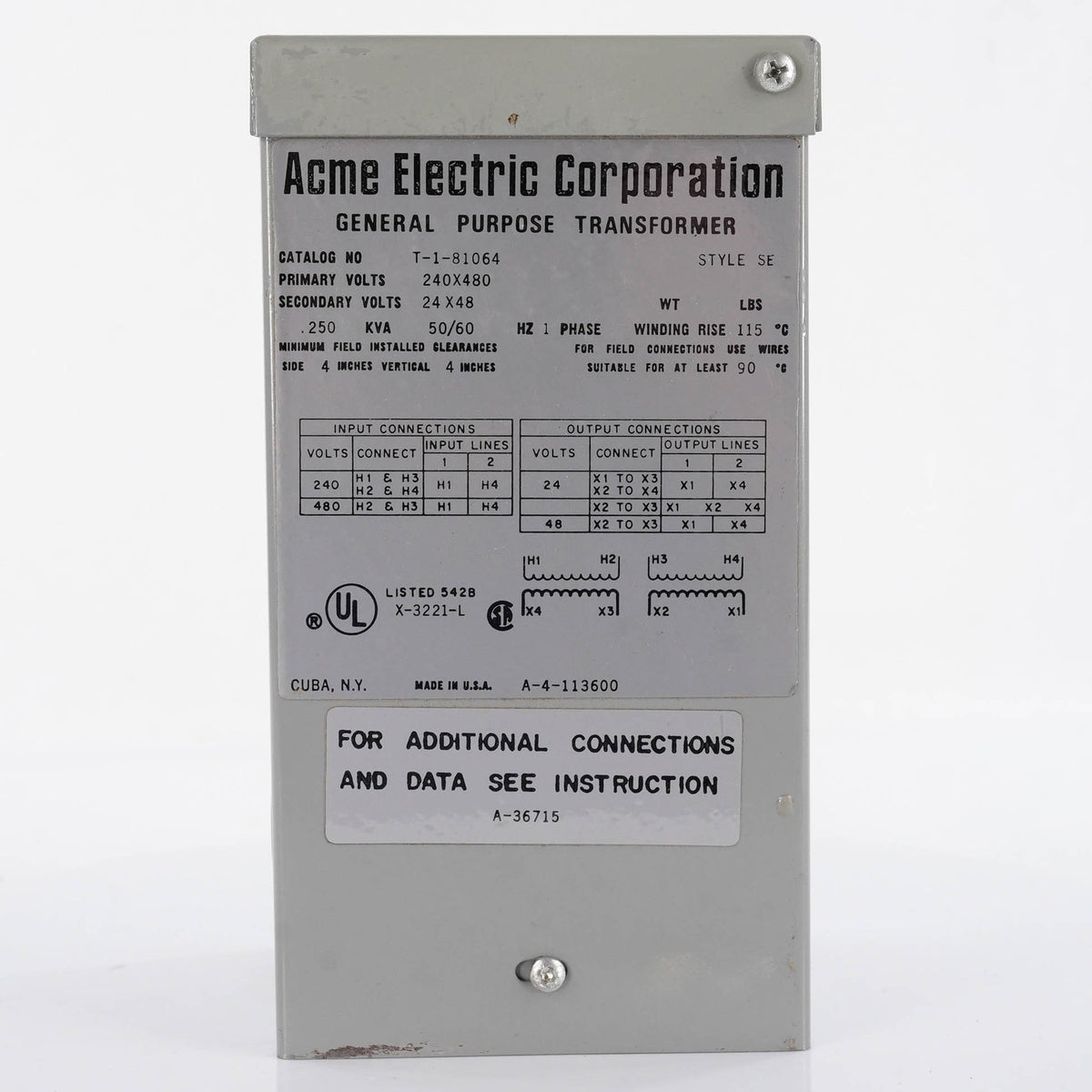 Acme Electric Corp T-1-81064 Buck Boost Transformer 1.5kVA 120x240V 12/24V T1810
