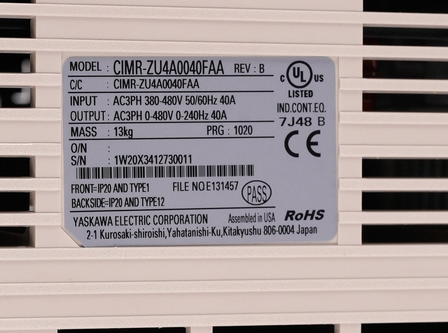 YASKAWA CIMR-ZU4A0040FAA Rev B Z1000 AC Drive 480V 40A - Open Box