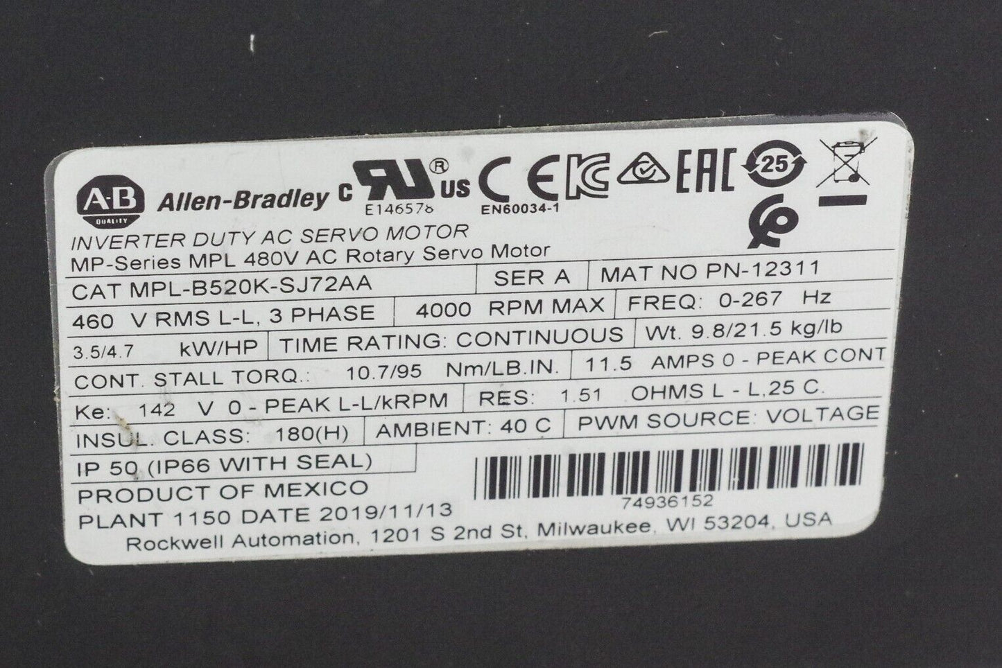 Allen Bradley MPL-B520K-SJ72AA SER A Servo Motor 3.5/4.7 KW/HP 4000RPM 460VAC