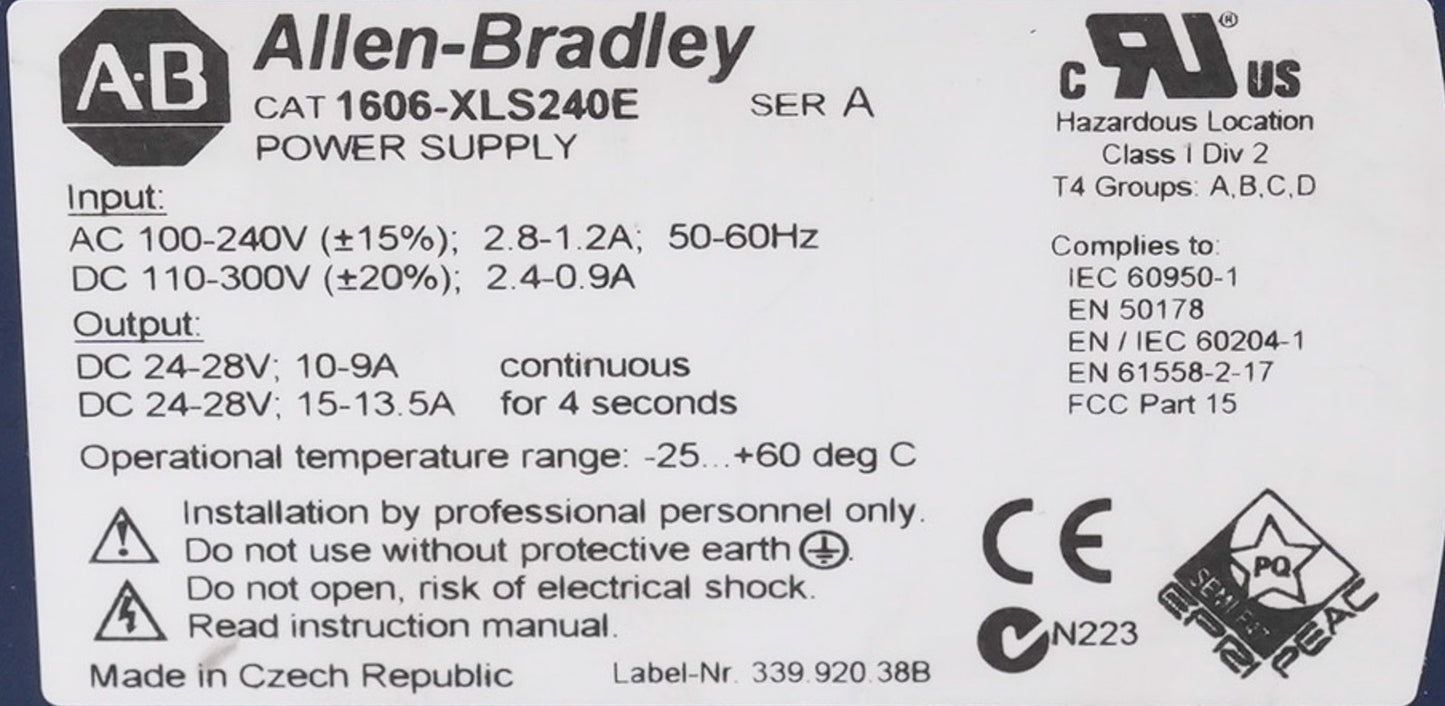 Allen Bradley 1606-XLS240E /A Power Supply 100-240V 50-60Hz 1606XLS240E