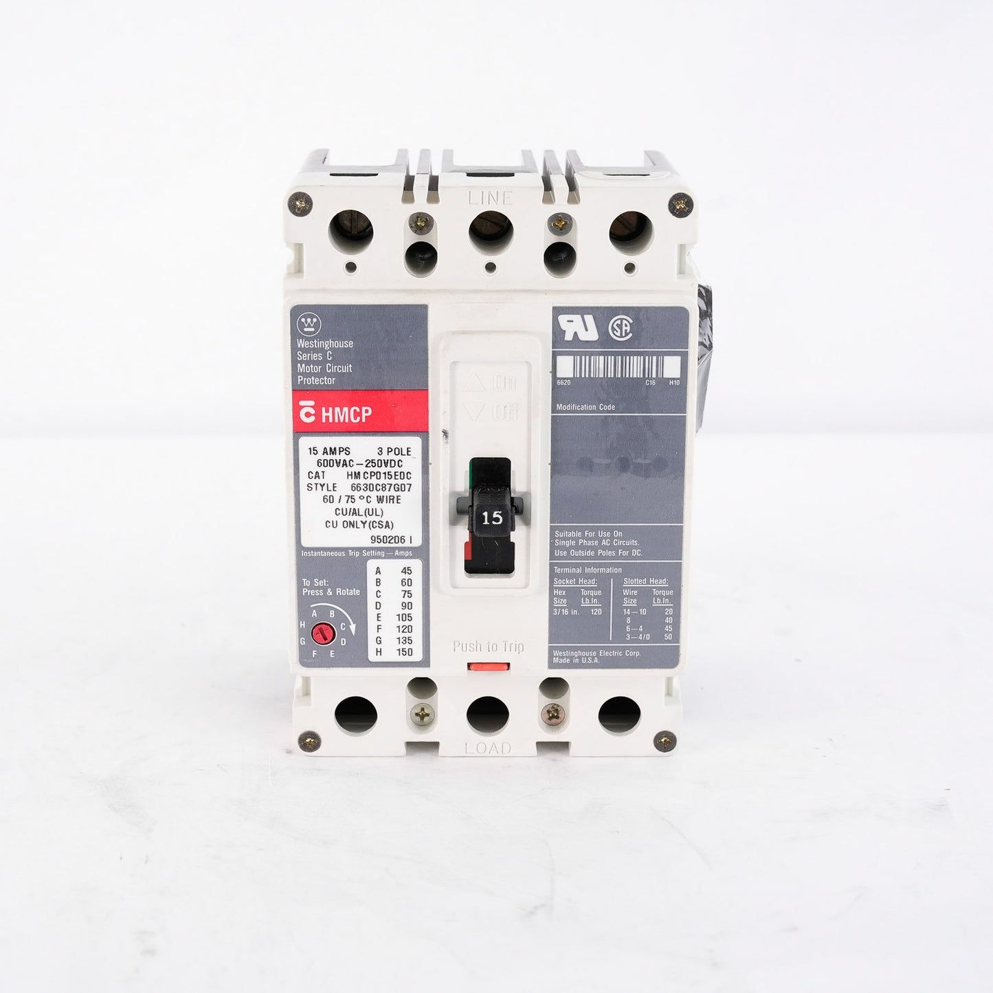 Eaton Cutler-Hammer HMCP015E0C Bolt On Circuit Breaker 15A 600V 3P HMCP