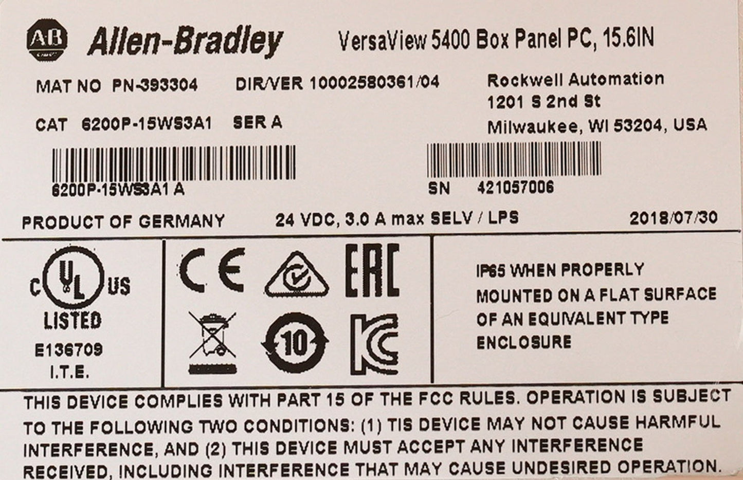 Allen Bradley 6200P-15WS3A1 /A VersaView 5400 Box Panel PC 15.6" (15WS3C1 / B1)