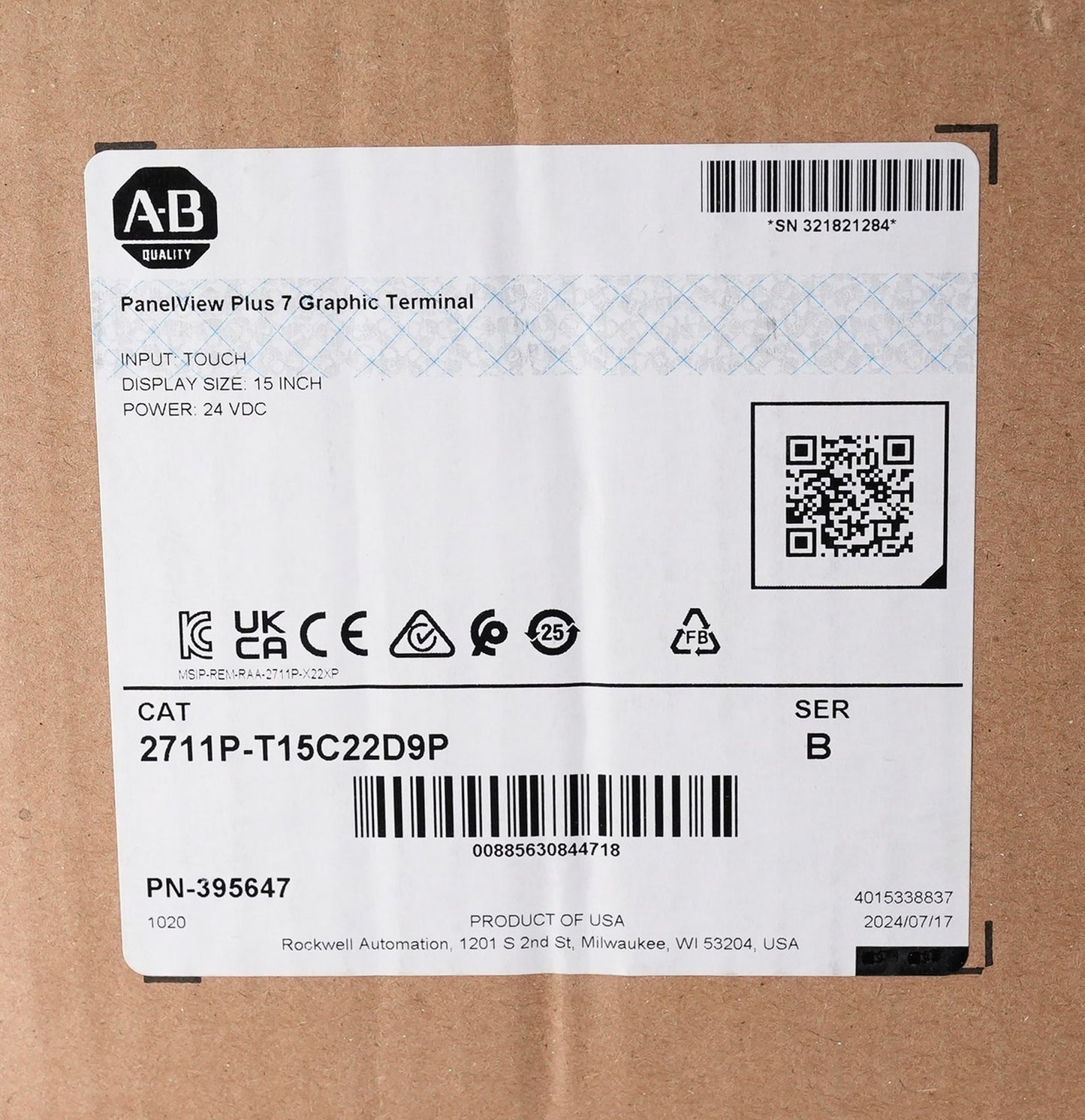 Allen Bradley 2711P-T15C22D9P /B PanelView Plus 7 15" Performance Ser B Open Box