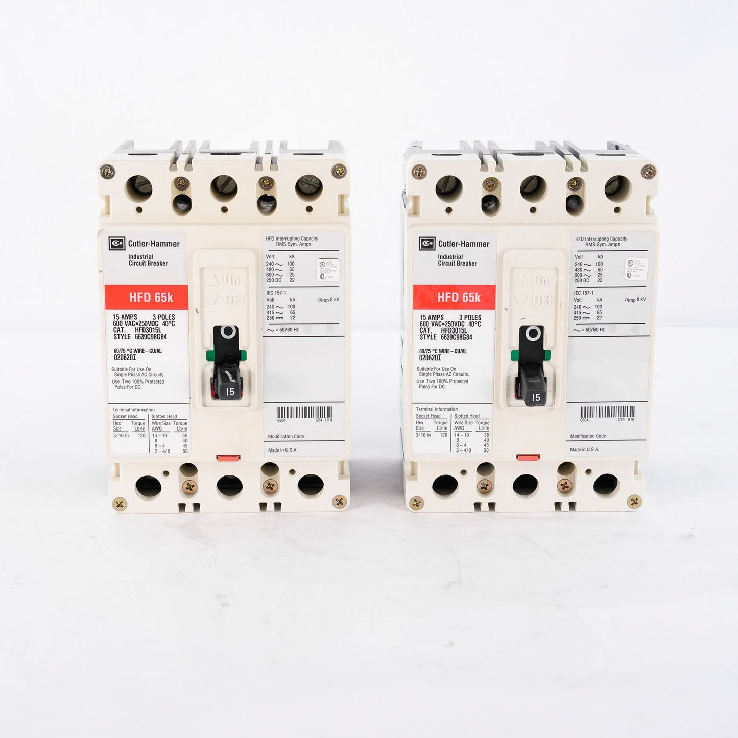 Eaton Cutler-Hammer HFD3015L Circuit Breaker 3 Pole 15A 600V HFD 65k