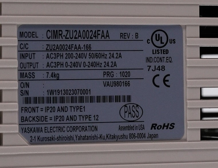 Yaskawa Electric CIMR-ZU2A0024FAA Rev B Z1000 Drive CIMRZU2A0024FAA Without Box